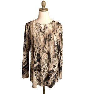 Susan Graver Beaded Sequin Keyhole Tunic Top Size S Brown Abstract Liquid Knit
